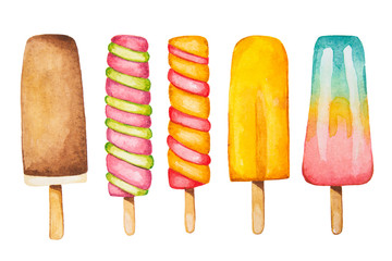 Summer foods. Mix of variouse hand drawn, watercolor ice cream, isolated.