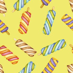 Summer foods. Seamless pattern with watercolor, hand drawn icecream on retro yellow background.