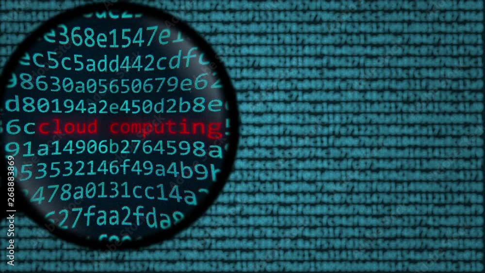 Poster magnifying glass discovers cloud computing words on computer screen