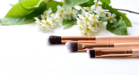 Face makeup brushes on a light background. Copy space. Beauty saloon. selective focus