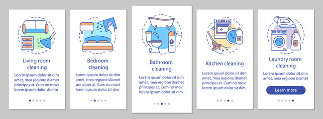 Home cleaning onboarding mobile app page screen, linear concepts