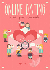 Online Dating Concept. Cute Cartoon People Send Love Email Messages via Mobile Gadgets. Idea of Internet or Remote Relationship. Big Heart in Envelope on Pink Background. Vector Illustration.