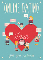 Online Dating Retro Poster. Cartoon People Send and Receive Love Email Messages via Mobile Gadget. Internet or Remote Relationship Concept. Vector Illustration. Vertical Format. Find your Soulmate.