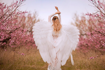 Beautiful yound woman with giant white angel wings