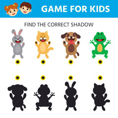 Game for kids. Activity page with pictures. Find the correct shadow animals. Logical thinking training.