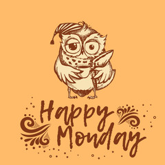 Hand drawn owl with cup of coffee.