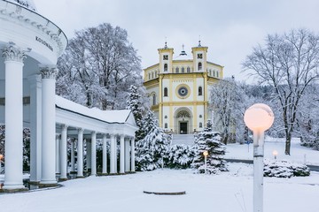 Marianske Lazne, Czech Republic - December 28 2017: Winter scene of christian church of assumption...