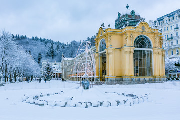 Marianske Lazne, Czech Republic - December 28 2017: Winter image of Colonnade made of cast iron....