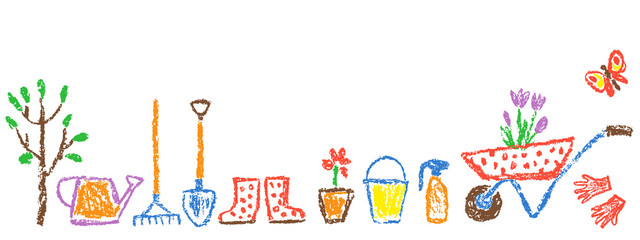 Garden or farm border background and gardening tools set. Like child hand drawing outdoor header banner design. Crayon pencil isolated vector flower, shovel, fence, cart, rubber boots, plant, rake.