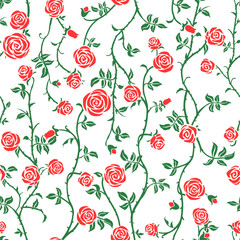 Red rose floral seamless pattern with climbing curly flower, green leaf and thorn. Cute beautiful red on white background, vector. Gothic, summer garden, rustic fence style. Elegant hand drawn texture
