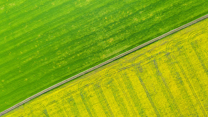 Aerial view over the agricultural fields.