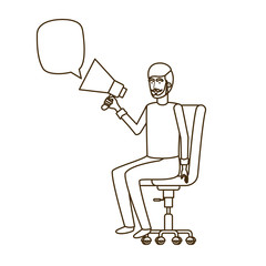 man with sitting in office chair and megaphone