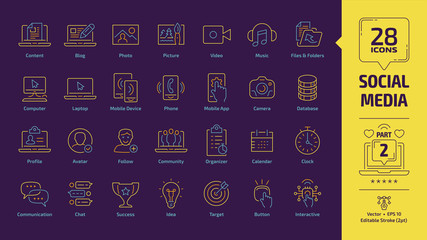 Social media network yellow outline icon set part 2 on a violet background with global internet digital technology, computer, laptop and mobile device, web content, profile editable stroke line sign.