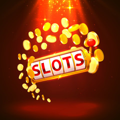 Golden slots machine wins the jackpot. Vector illustration isolated on white background.