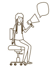 woman with sitting in office chair and megaphone
