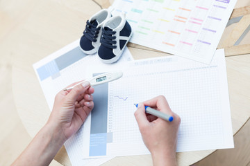 Woman creating a temperature chart to identify the day she ovulates