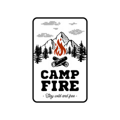 Campfire emblem mountains in rectangle Vector illustration