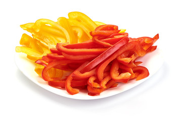 Mixed Sliced sweet bell pepper, close-up, isolated on white background