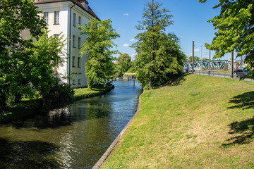 Romantic views of the river Dahme and Spree in Berlin Koepenick with houses on the shore, bridges, ships and boats