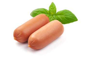 Tasty fresh boiled sausages, close-up, isolated on white background