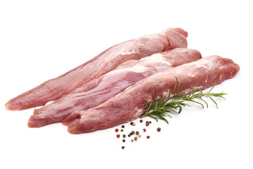 Pork fillet tenderloin with rosemary, raw meat, close-up, isolated on white background - obrazy, fototapety, plakaty