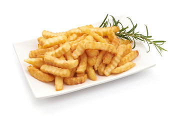 Fried French fries, potato fry, close-up, isolated on white background
