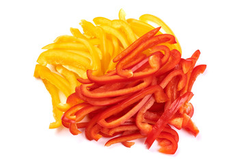 Sliced sweet red and yellow bell pepper, close-up, isolated on white background