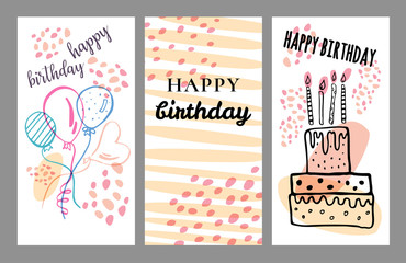 Set of color birthday card rectangular templates. Hand drawn cartoon vector sketch illustration with cake and balloons