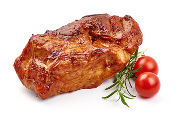 Baked pork roast, Christmas fried spicy galzed meat, close-up, isolated on white background