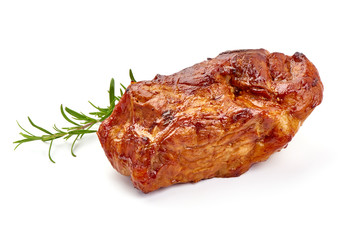 Baked pork roast, spicy meat, close-up, isolated on white background