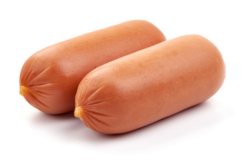 Fresh boiled sausages with basil, close-up, isolated on white background