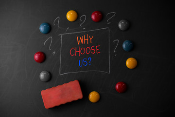 Writing note showing Why Choose Us Question. Business concept for list of advantages and...