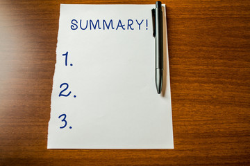 Handwriting text Summary. Conceptual photo brief statement or account of main points of something...