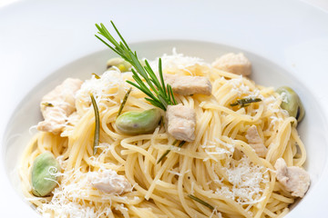 still life of pasta with chicken meat