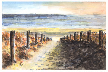 watercolor hand-painted beach and dune with copy space