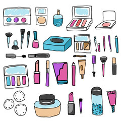 Make up set. Tools and cosmetic. Eyeshadows, lipstick, foundation and other icons in hand drawn quirky style