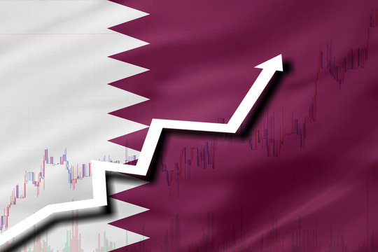 White arrow and stocks chart growth up on the background of the flag of Quatar