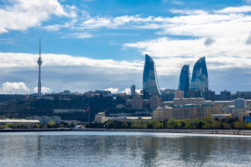 Baku, Azerbaijan, three fiery towers, view of the city from the embankment
