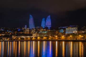 Baku, Azerbaijan, night city, three fire towers