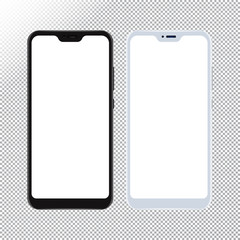Smartphone mock up on transparent background. Vector mobile phone with empty screens mockup for Android app UI UX design. Black and white realistic cell phones isolated on transparent background.