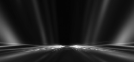 Empty black scene, rays of searchlights, reflection, night view.