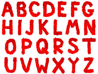 Handwritten english capital letters alphabet made of smudged red lipstick isolated on white...