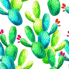 Tropical watercolor cactus design. Seamless natural pattern with exotic cacti on white background