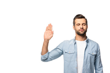 man with raised hand and closed eyes Isolated On White with copy space