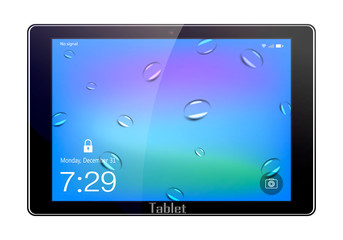 Realistic black tablet with camera and glare, with drops on abstract background, on lock screen