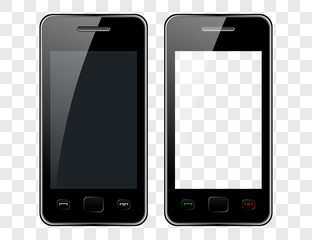 Black smartphone with glare on the screen on an isolated background. The layout of the phone with  empty on   screen.