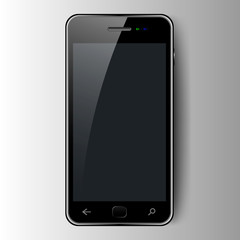 Black smartphone with glare on the screen on isolated background. The layout of the phone. 