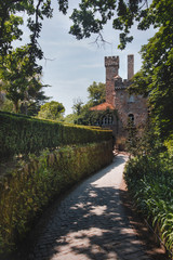 View of the  romantic Regaleira Palace (Quinta da Regaleira) and a luxurious park located in Sintra. World Heritage Site by UNESCO. Principal tourist attraction of Portugal.