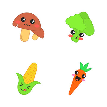Vegetables cute kawaii vector characters