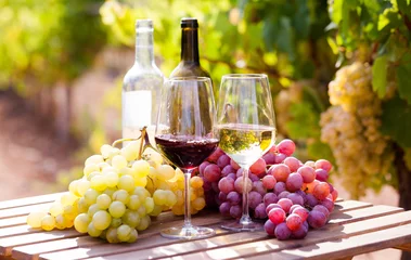 Fotobehang glazen rode en witte wijn en rijpe druiven op tafel in de wijngaard © caftor